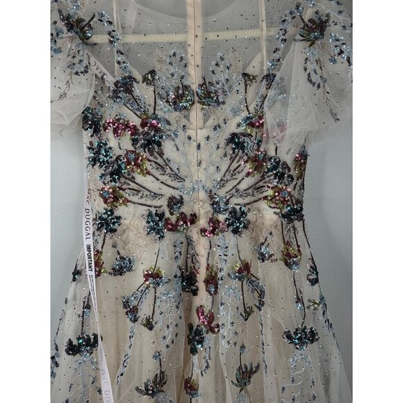 Mac Duggal 20510 Flutter Sleeve High Neck Embellished Tea Length Dress Sz 8 Nude - Picture 6 of 6